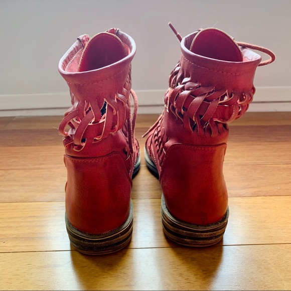 Nine West Red Leather Woven Lace-Up Boots - Picture 4 of 7